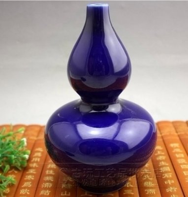 【熱賣精選】 古玩明清瓷器 懷舊做舊復古瓷器擺件 單色純色寶藍色葫蘆花瓶