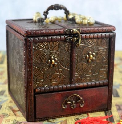 4986A 歐式復古雕花收納盒 多功能桌面儲物盒飾品盒 首飾盒木質復古整理盒化妝台置物盒擺飾