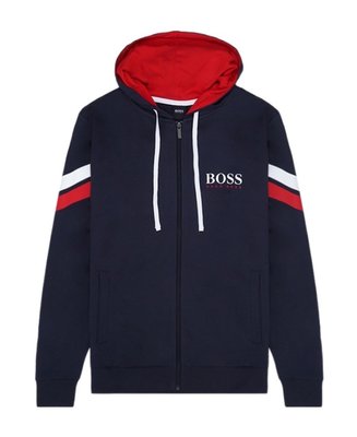 Hugo Boss 男性連帽外套 海軍藍搭配紅白條紋袖 尺寸S、M、L 秋冬男裝 流行時尚 預購 歐美代購 AYON