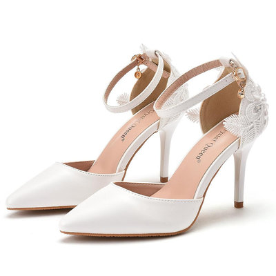 9厘米蕾絲花朵尖頭高跟涼鞋細跟尖頭涼鞋白色婚紗禮服新娘婚鞋