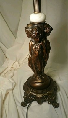 【波賽頓-歐洲古董拍賣】歐洲/西洋古董 20世紀 蒂芬妮 玻璃流蘇 銅雕 檯燈 (使用E27燈泡)
