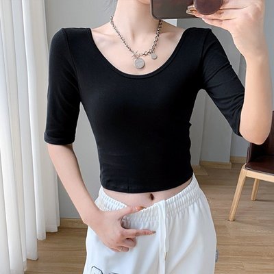 夏季新款雙U領韓版純色基礎款半袖t恤女性感修身黑色露臍短款上衣星港百貨