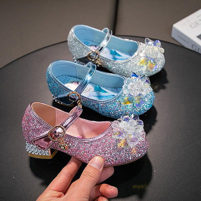 女童皮鞋高跟鞋兒童水鉆水晶鞋2022春秋新款女寶愛莎公主鞋演出鞋