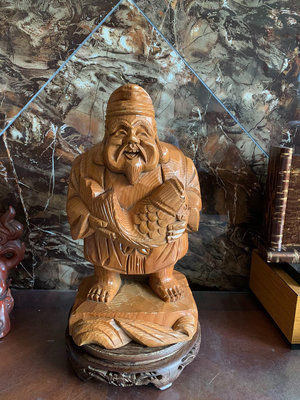 日本七福神惠比壽木雕擺件，一木雕，開臉好，雕工精致，木紋很漂