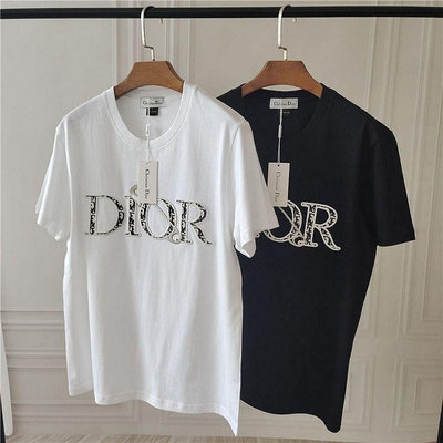 【MOMO生活館】DIOR 迪奧 夏季新款別針重工刺繡字母純棉短袖情侶百搭潮流上衣大碼ins潮