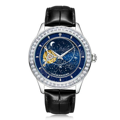 現貨男士手錶腕錶新款夜光星空手錶男防水真皮帶時尚創意全自動機械錶鏤空真鉆
