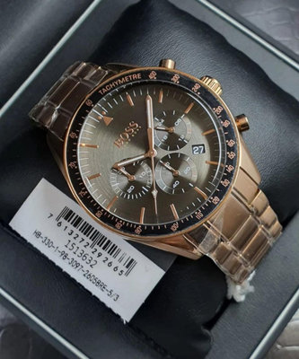 BOSS Trophy 灰色錶盤 玫瑰金色不鏽鋼錶帶 石英 三眼計時 男士手錶 1513632