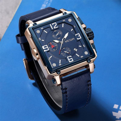 男士手錶 美格爾megir時尚輕復古男士手錶 方形多功能計時日歷皮帶手錶2061