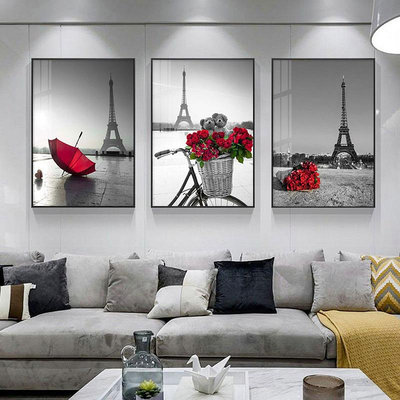 【支持定制】裝飾畫 家居裝飾 掛畫 北歐巴黎鐵塔建筑風景裝飾畫現代簡約客廳餐廳三聯畫黑白紅色壁畫