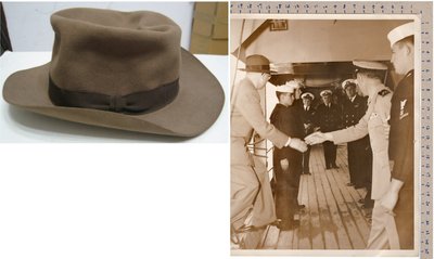 《打貓堡》早期~基隆市長【謝貫一】登上美軍軍艦老照片+配戴的盤帽~FOUNDED(19248)