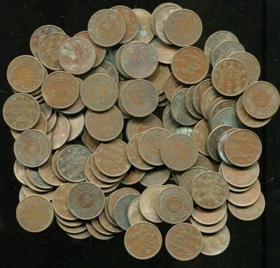 日本戰前銅幣100枚--面值1錢，大正6-昭和13年，平均品相美VF