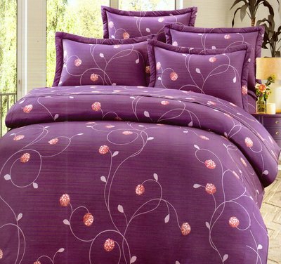 100%純棉_ 特大鋪棉床罩兩用被全套六件組。台灣製。6x7尺。6912紫