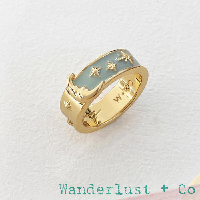 Wanderlust+Co 澳洲品牌 鑲鑽星辰月亮戒指 灰藍色 內側刻字款 Moonlit Blue