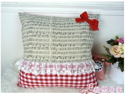 音符鄉村風紅白格蕾絲抱枕套可愛氣質~可訂做