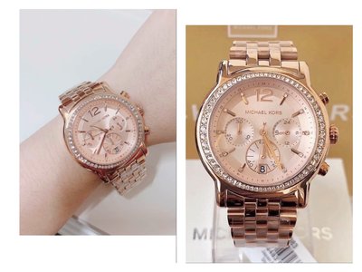 MICHAEL KORS女士手錶MK Baisley 水晶鑽圈 玫瑰金不鏽鋼材質錶帶 石英 多功能 三眼計時腕錶MK5983 輕奢款手錶