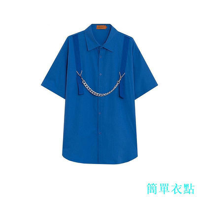 短袖襯衫女潮牌設計優質鏈條藍色學院風寬鬆白襯衫