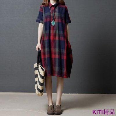 KITI精品40-80公斤可穿 大尺碼洋裝 寬鬆短袖 藝文 棉麻 格子裙子 長洋裝 洋裝 正韓洋裝 女生衣著 衣著 韓版