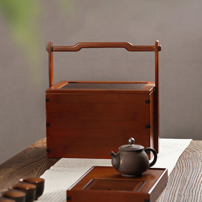 竹制食盒中式仿古 竹編茶具收納盒提籃 古代實木旅行便攜茶箱提盒