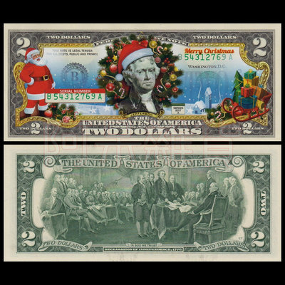 麥擱問阿 彩色版真鈔 聖誕快樂 聖誕老人 聖誕節禮物 牙仙子 2美元 美金美元 混合塑料 鈔票 美國 非現行流通