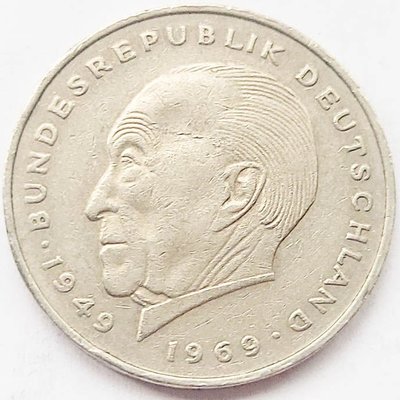 【古幣收藏】總理阿登納 1970年代 德國 2馬克 人物鎳銅紀念幣 27毫米