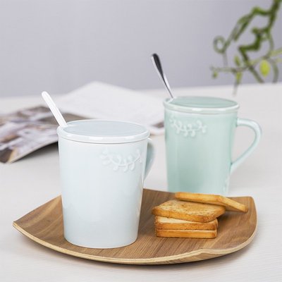 馬克杯創意純色青瓷陶瓷杯子 馬克杯咖啡杯水杯帶蓋帶勺 商務禮品定