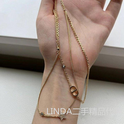 LINDA二手精品代購 Dior 迪奧 PETIT雙層 星星CD字母 水鑽 金色項鏈 N1155PMTCY_D301