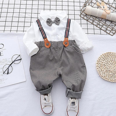 秒發 英倫風嬰兒衣服春裝套裝0一3歲男寶寶週歲禮服兒童揹帶褲兩件套潮