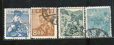日本郵票#19042599 , 植林、捕鯨、採炭、郵差 , 舊票4枚 , 1948-49 , 品相如圖