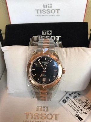 TISSOT PR100 Sport Chic 黑色錶盤 銀色配玫瑰金色不鏽鋼錶帶 石英 女士手錶 T1019102206100