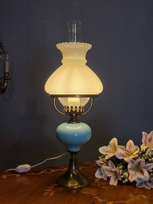 【卡卡頌  歐洲古董】法國 Baby Blue 水母 蘑菇 油燈造型 銅 桌燈 檯燈 歐洲老件 la0370 ✬