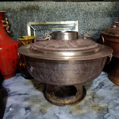 老台灣早期銅製雕龍厚實銅製火鍋組