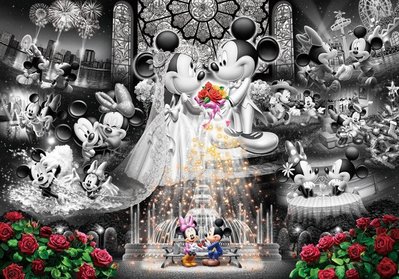 缺 日本進口拼圖 迪士尼 米奇米妮 教堂結婚 婚禮 1000片黑白透明塑膠拼圖 DF1000-111