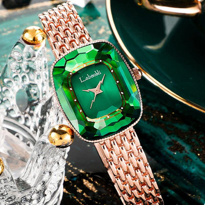 男士手錶 labaoli拉寶麗新款玫瑰金綠水晶時尚腕錶LA113