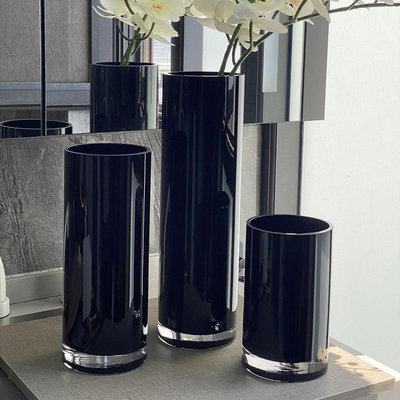 HJM-黑色直筒玻璃花瓶擺件酒店大堂裝飾婚慶圓柱落地桌面水培插花