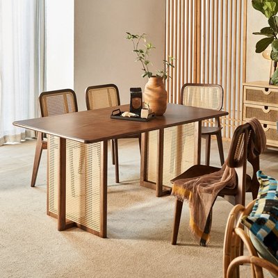 日式餐桌餐椅組合實木藤編飯桌ins民宿餐廳實木方形桌椅簡約現代滿減 促銷 夏季