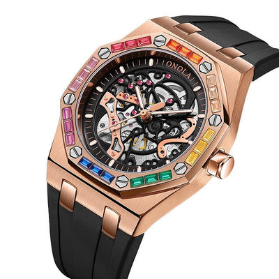 Onola 3834D 男士手錶時尚新款彩虹鑽石自動機械矽膠錶帶防水手錶男士