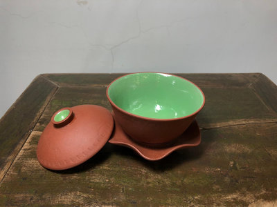 【二手】早期綠釉回紋蓋碗 老紫砂 宜興原礦 茶具【十大雜項】-3371