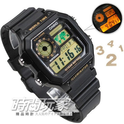 CASIO卡西歐 AE-1200WH-1BV 方型膠錶帶 復刻金 45mm 男錶 學生錶 軍錶【時間玩家】