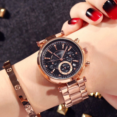 熱銷 GUOU時尚大錶盤款鋼帶女錶時裝錶金色多功能防水手錶腕錶女款石英錶715 WG047