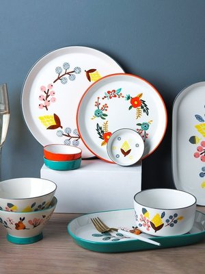 現貨熱銷-中式手繪花環陶瓷餐具碗碟碗筷套裝碗盤套裝湯盤飯碗家用組合（規格不同價格也不同下單詢價哦）