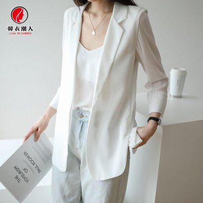 西裝外套 雪紡西裝外套女夏季新款韓版寬鬆白色薄款中長款七分袖防曬衫
