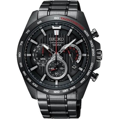 【金台鐘錶】SEIKO 精工 防水100米 不鏽鋼錶帶 三眼計時男錶  (全IP黑電鍍) SSB311P1