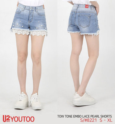 正韓  韓國代購  牛仔短褲 配蕾 釘珠 韓國連線  新款上市  美好時光 -0523  8221