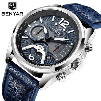 男士手錶 2024新款賓雅benyar男士手錶 時尚運動多功能計時真皮石英錶 5171
