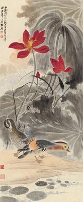 張大千荷花鴛鴦圖國畫花鳥條幅水墨畫真跡複製畫玄關中式裝飾畫