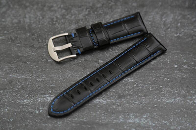 22mm 24mm 26mm小沛的新衣～黑色壓鱷魚皮紋真皮錶帶,可替代沛納海等同規格表帶~藍色車縫線