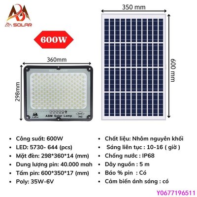 600W 防眩光鋁太陽能燈, 帶電池% 警報, 容量 400W, 防水 IP68- ABM 太陽能-標準五金