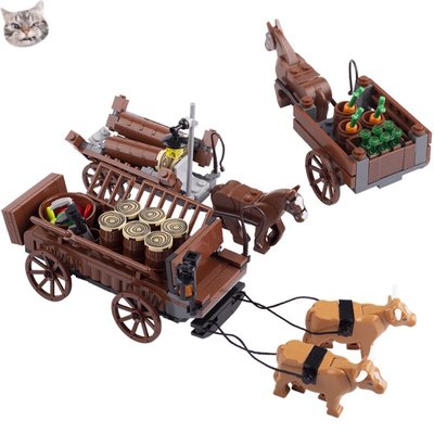聯名好物-MOC兼容大牌牛車中古蔬菜馬車木材馬車囚車小顆粒拼插積木玩具-全域代購