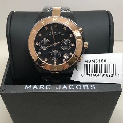 MARC BY MARC JACOBS 玫瑰金色配黑色不鏽鋼錶帶 三眼計時 石英 女士手錶 MBM3180