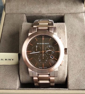 BURBERRY 棕色錶盤 玫瑰金色不鏽鋼錶帶 三眼計時 男士手錶 BU9353腕錶